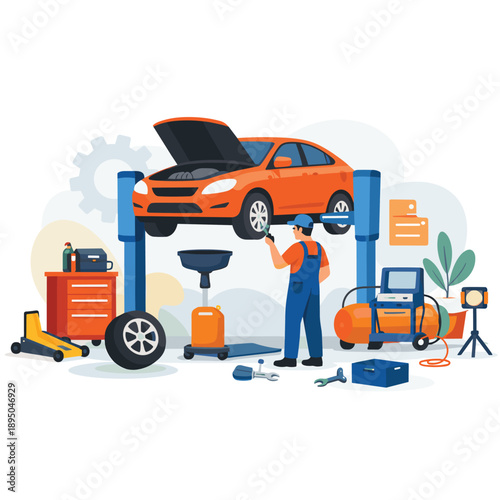 Automotive service with mechanic inspecting a car