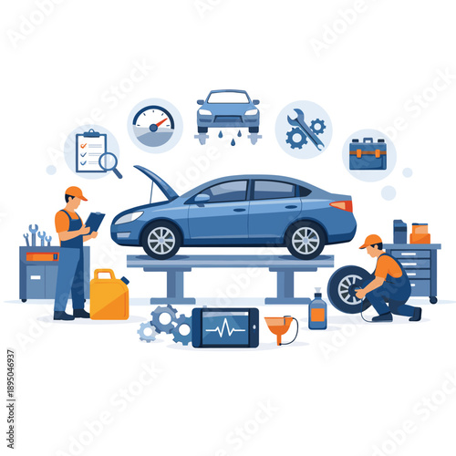 Automotive diagnostics with mechanics inspecting vehicles