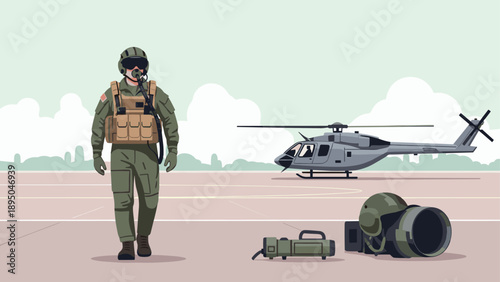 Pilot in tactical gear walking on airfield with helicopter and equipment