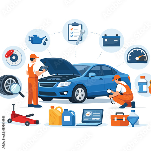 Car maintenance checklist with mechanics working