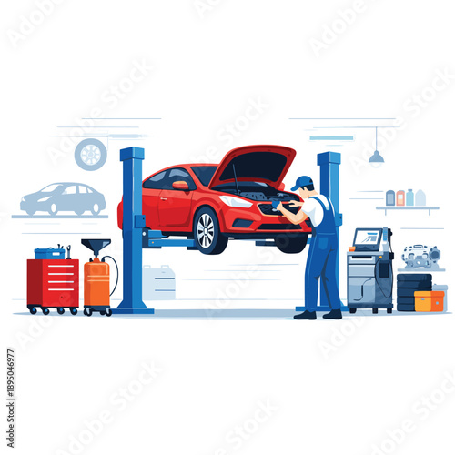 Mechanic working on a car lift in a modern garage