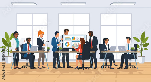 Diverse Business Professionals Working Together: Modern Office Collaboration and Teamwork Illustration