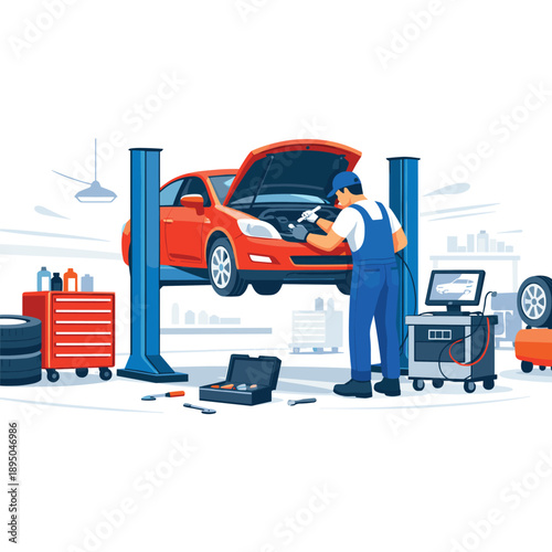 Mechanic diagnosing a car using tools in a garage