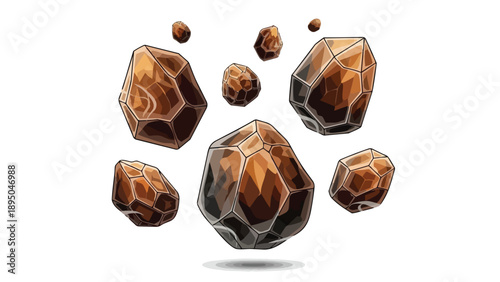 Collection of stylized polygonal brown rocks and minerals floating in abstract space as modern game assets