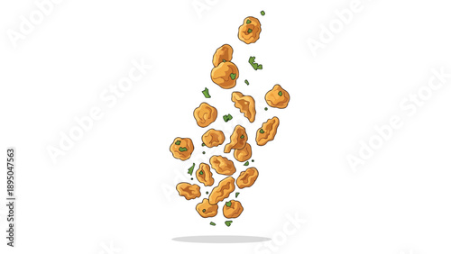 Dynamic illustration of golden-brown fried food pieces with green herbs, showcasing appetizing fritters or crispy nuggets in mid-air. Perfect for