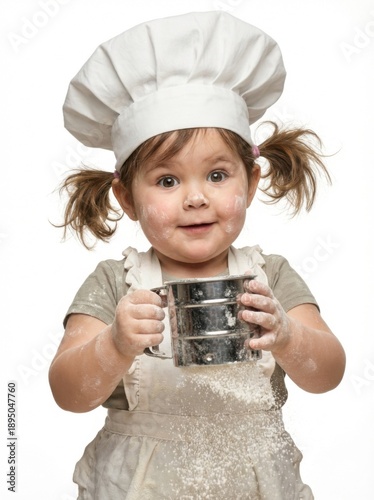 Child chef enjoying baking with flour mess.