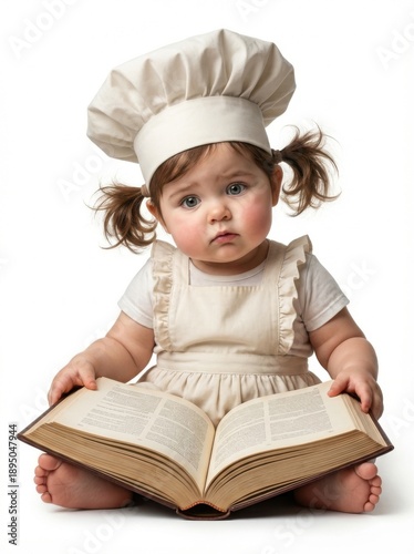 Innocent child chef reading a recipe book.