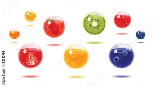 A collection of colorful fruit-infused spheres levitating with soft ambient reflections