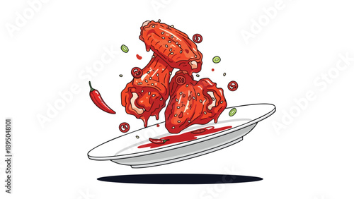 Dynamic illustration of fiery red glazed chicken wings, beautifully adorned with sesame seeds and chili, suspended above a pristine white plate,