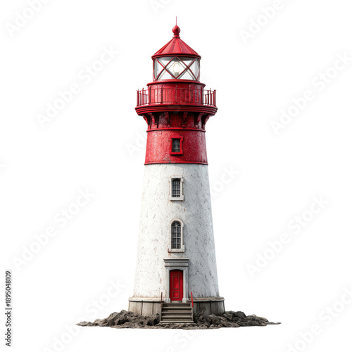 A red and white lighthouse on rocky terrain