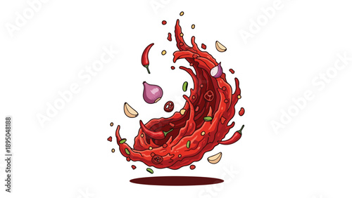Dynamic culinary fusion illustrating a vibrant red chili sauce splash with fresh garlic cloves and pungent shallot slices, bursting with zesty