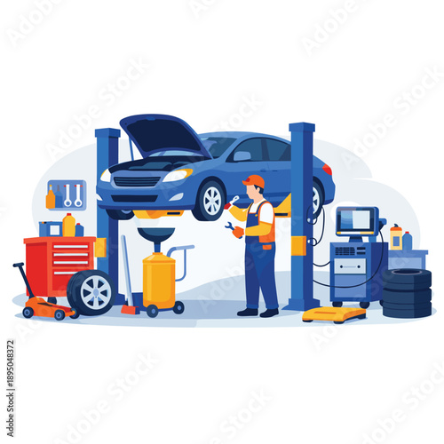 Automotive service station with mechanic and tools