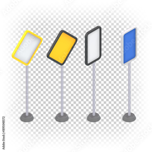 Various road signs in isometric projection. Square, triangular, and round empty sign on a stand.