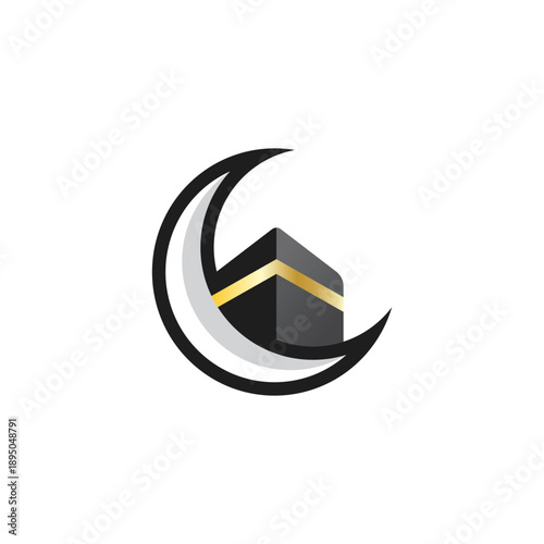 Free Download Islamic vector illustration of the Holy Kaaba in Mecca surrounded by a crescent moon - GFXLoad