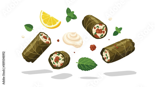 Artful arrangement of savory stuffed grape leaves, fresh lemon, mint, and a creamy dipping sauce.