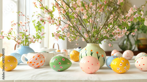 Pastelowe pisanki wielkanocne na stole z kwitnącymi gałązkami, wiosenna dekoracja