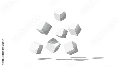 Dynamic arrangement of minimalist white cubes descending against a pure white background, illustrating concepts of lightness and structure in a