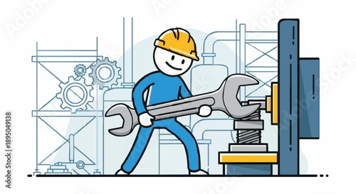 Worker with Wrench Fixing Machinery in Factory.