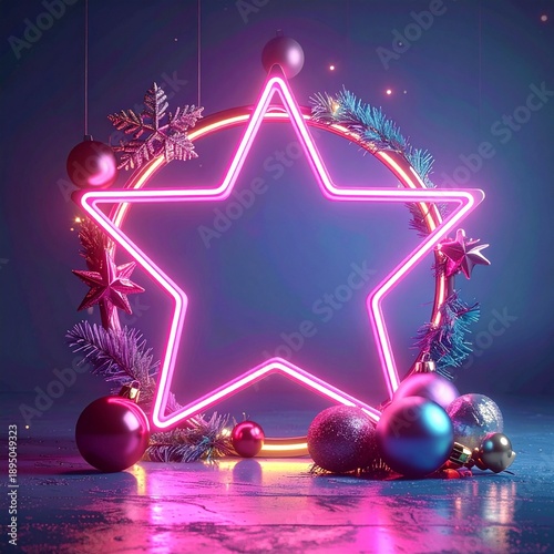 Neon Star Christmas Wreath with Ornaments and Festive Glow.