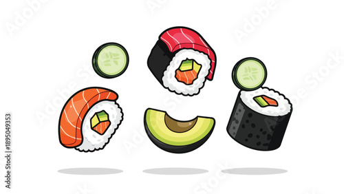 Delightful cartoon sushi assortment featuring nigiri rolls avocado and fresh cucumber slices floating illustration