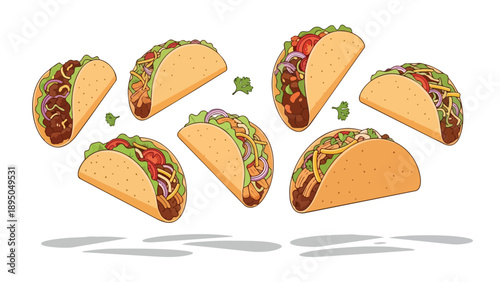 Vibrant cartoon tacos overflowing with fresh ingredients floating dynamically on a clean white background, a delightful culinary illustration