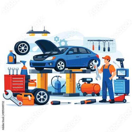 Auto repair shop with mechanic and tools illustration