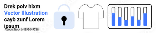 Padlock icon, plain t-shirt outline, stand with test tubes half-filled with blue liquid. Ideal for security, fashion, science, technology, minimalism concepts, innovational design simple landing