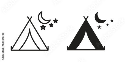 Night camping icon set. Black icon on white background
