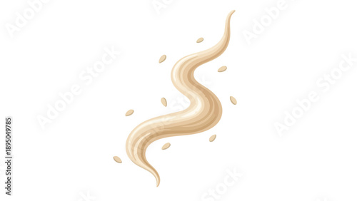 An elegant illustration of a flowing light beige liquid swirl with delicate scattered seeds, ideal for culinary and beverage designs, evoking rich