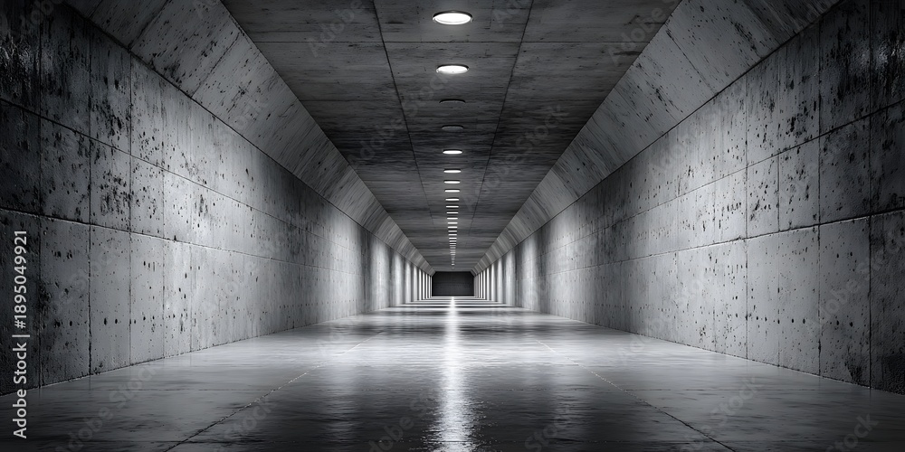 Fototapeta premium Empty concrete underground tunnel showing a symmetrical perspective with a row of ceiling lights leading to infinity in brutalist style art.