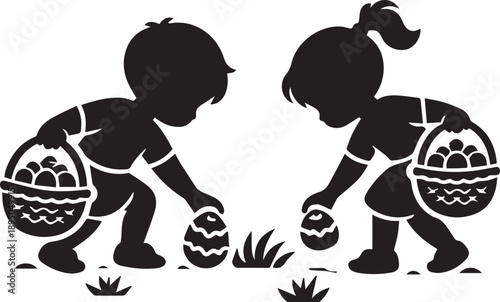 Easter egg hunt silhouette vector featuring a boy and girl collecting eggs. Cute kids with baskets illustration suitable for spring holiday celebration, greeting cards and seasonal design.