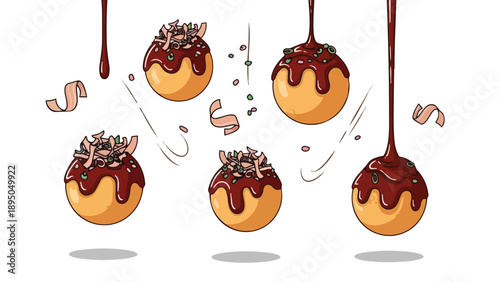 Delicious Japanese takoyaki street food illustration with savory sauce and toppings a vibrant culinary artwork