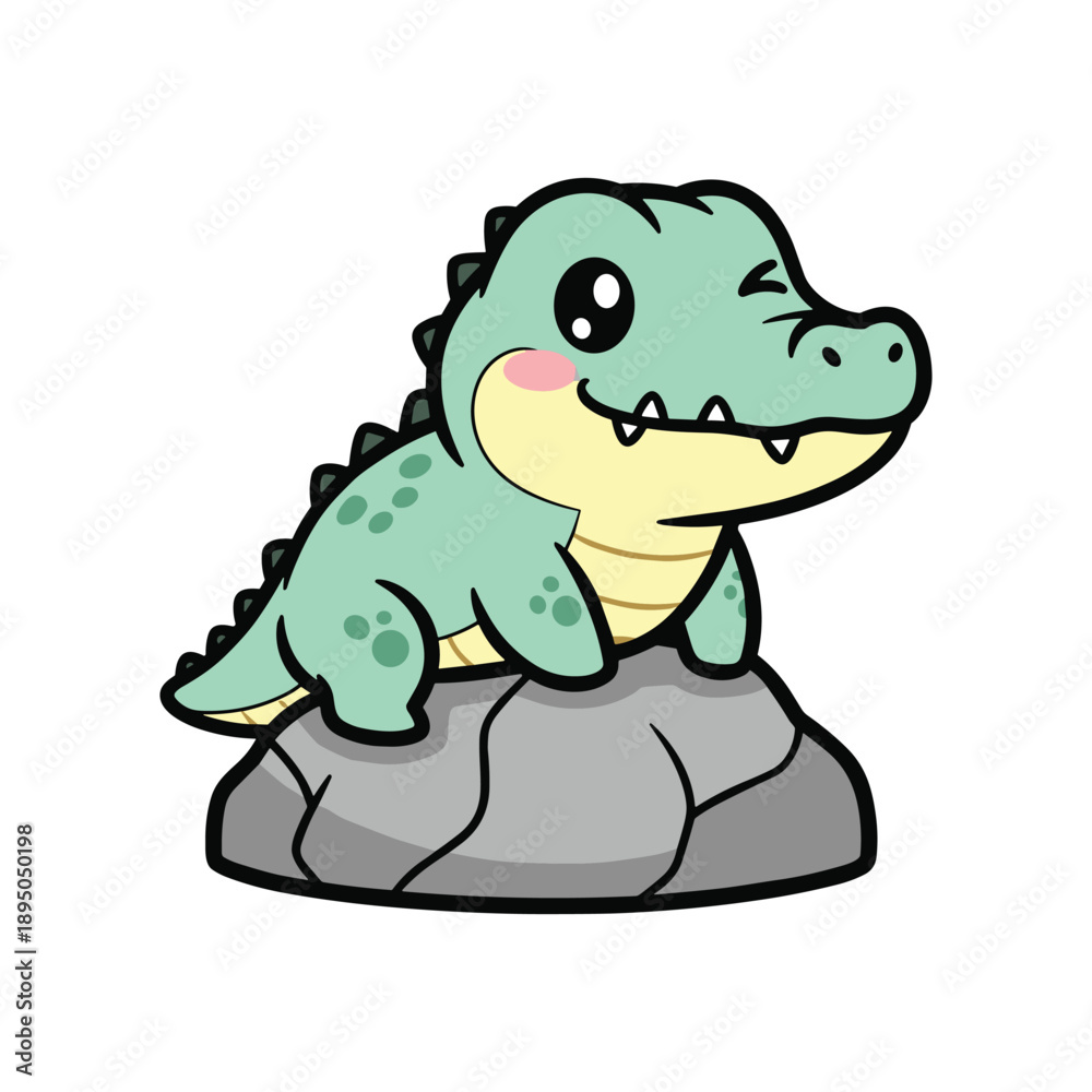 Fototapeta premium Cartoon Alligator Sitting on Rock with Cheerful Expression