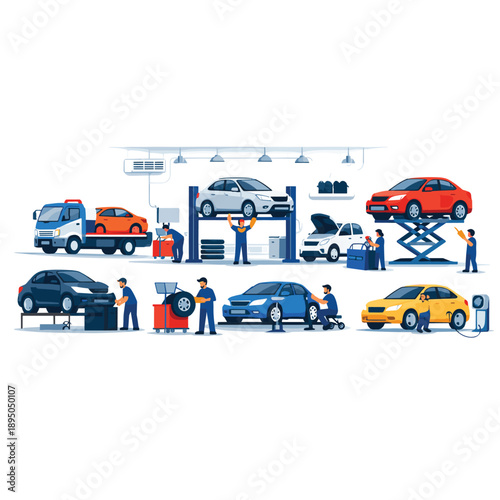 Car repair workshop illustration with mechanics and vehicles