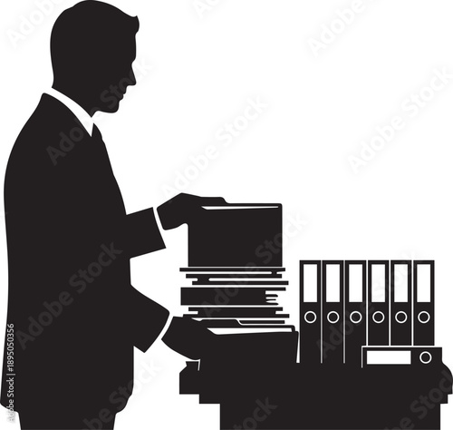 Businessman filing documents or organizing archives on desk with file binders vector silhouette