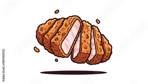 A perfectly breaded, crispy golden cutlet, artfully sliced to reveal tender, succulent meat, presented with a vibrant and appetizing texture ideal