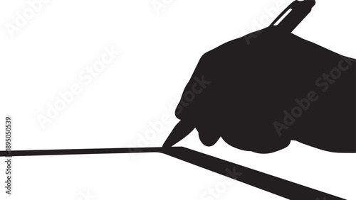 Hand holding pen writing on paper signing contract or making signature vector silhouette