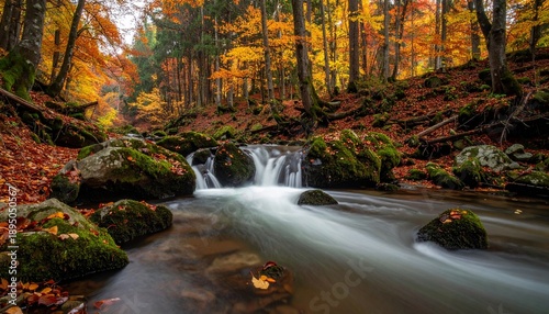 A serene autumnal forest scene with a gentle stream and small waterfall surrounded by vibrant foliage and moss-covered rocks