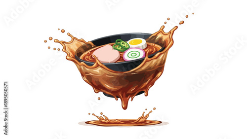Vibrant ramen style noodle soup with colorful toppings and a rich savory broth dynamically splashing captivating culinary artwork ideal for food