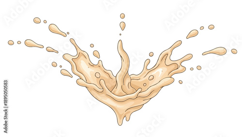 Dynamic illustration of a rich, creamy beige liquid splashing upwards with energetic droplets, perfect for beverage and dairy product designs or