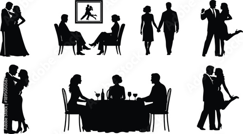 WebBlack silhouette vector illustration set featuring romantic couples dancing walking and dining for Valentines Day wedding and relationship branding design
