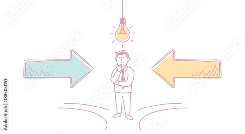 Businessman with lightbulb and arrows choosing direction for creative idea