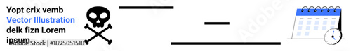 Mortality, deadlines, time tracking, scheduling, reminders, productivity. Image a skull and crossbones, calendar clock and lines connecting them. Mortality and deadlines concept