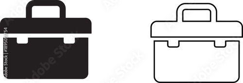 Toolbox vector icon set featuring black silhouette and outline styles. Mechanic tool case illustration suitable for construction, repair, maintenance and industrial equipment symbols.