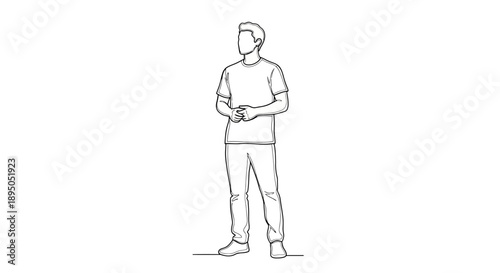 Man Standing Casual T Shirt Jeans Line Art.