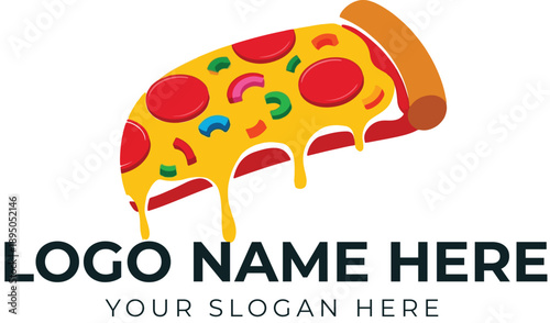Cartoon pizza slice logo vector with melted cheese, pepperoni, peppers, and onions for pizzeria or food delivery branding