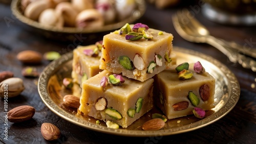 Traditional Sweets with Pistachios and Almonds on Golden Plate