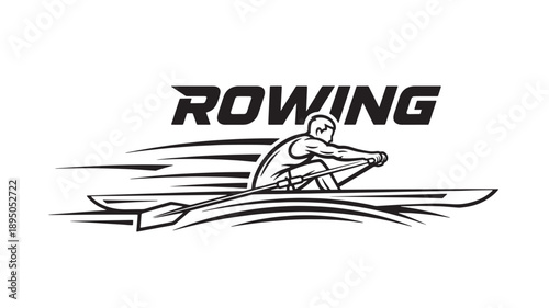 A stylized black and white illustration depicts a rower in action with the word rowing prominently displayed high quality professional detailed
