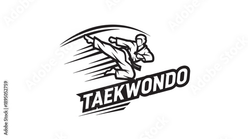 A dynamic illustration depicts a taekwondo practitioner executing a powerful roundhouse kick with bold text high quality professional detailed modern elegant
