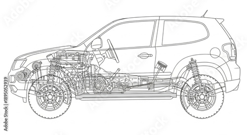 Automobile Chassis and Engine Mechanical Blueprint Illustration.